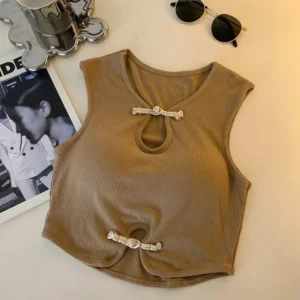 Lniany top bez rękawów na guziki w stylu vintage Khaki