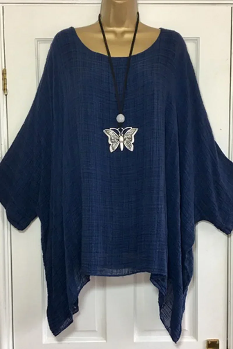 Lniany T-shirt damski oversize z rękawem nietoperz Niebieski