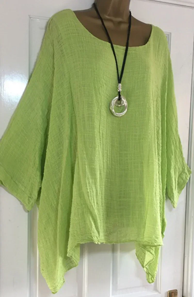 Lniany T-shirt damski oversize z rękawem nietoperz Zielony