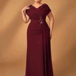 Luksusowa suknia wieczorowa plus size szyfonowa granatowa na wesele Burgundia