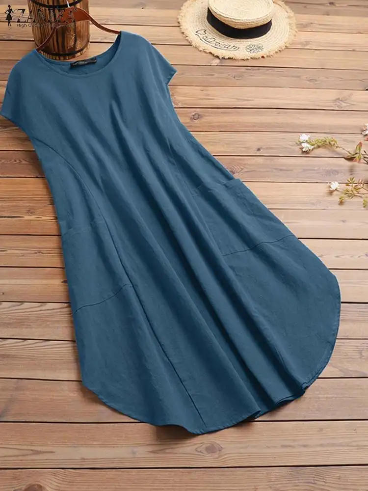 Luźna bawełniana sukienka letnia vintage midi z krótkim rękawem Niebieski