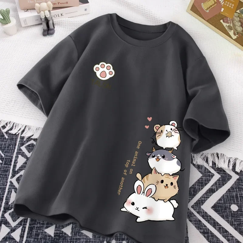 Luźna koszulka z nadrukiem kota i krótkim rękawem Darkgrey