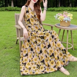 Luźna sukienka casualowa O-neck plus size na lato 2025 Brązowy