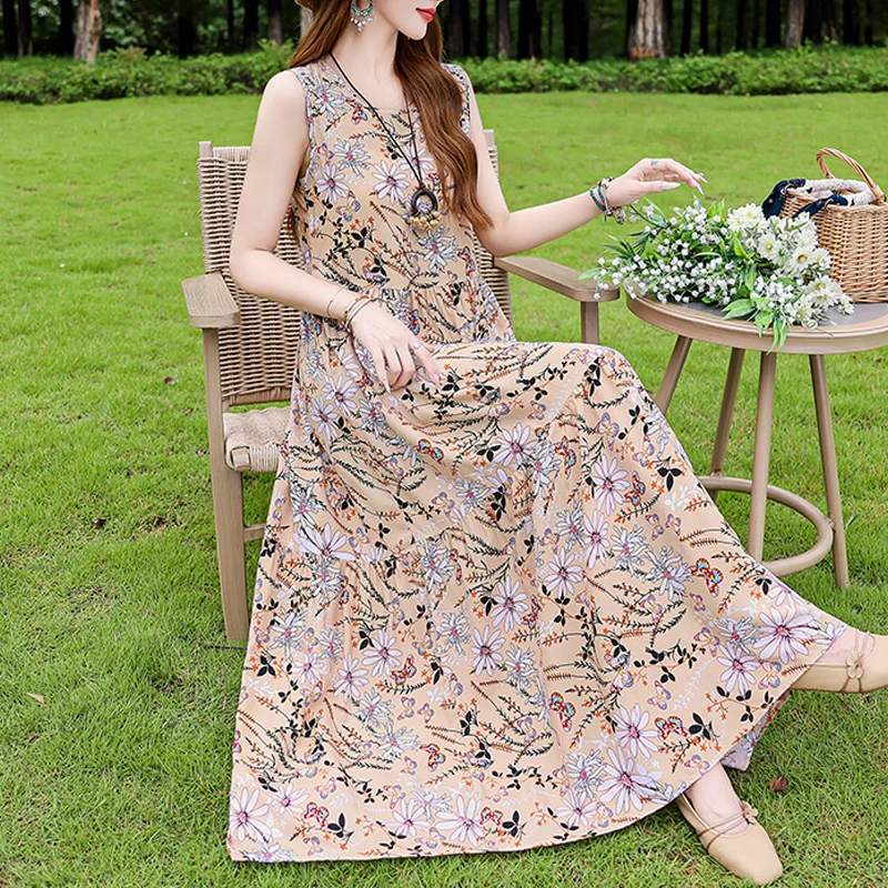 Luźna sukienka casualowa O-neck plus size na lato 2025 Złoto