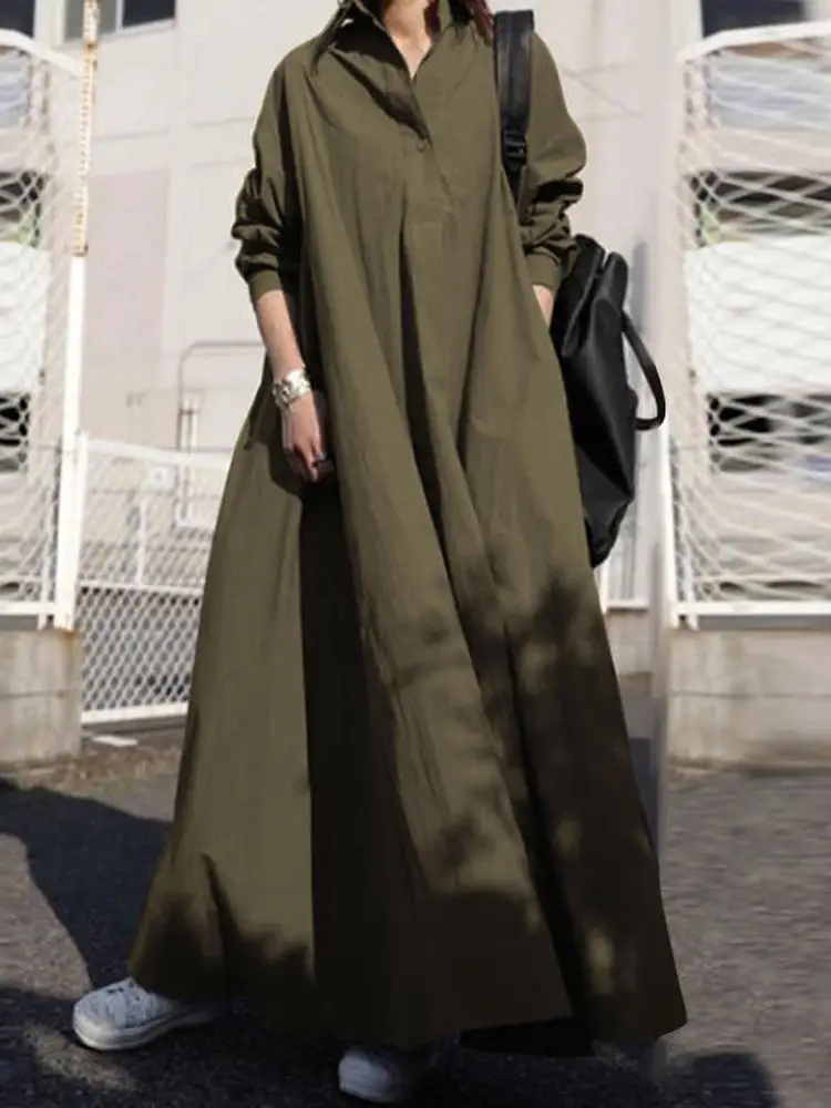 Luźna sukienka maxi oversize z długim rękawem i kołnierzykiem Armeegrün