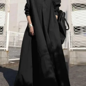 Luźna sukienka maxi oversize z długim rękawem i kołnierzykiem Czarny
