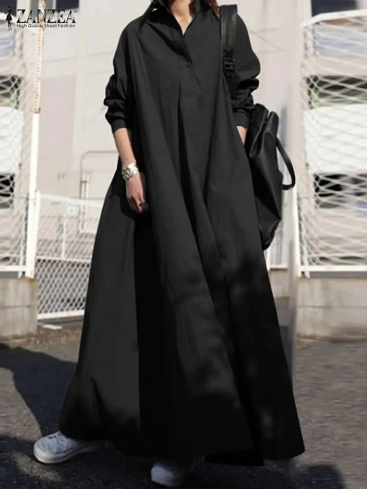 Luźna sukienka maxi oversize z długim rękawem i kołnierzykiem Czarny