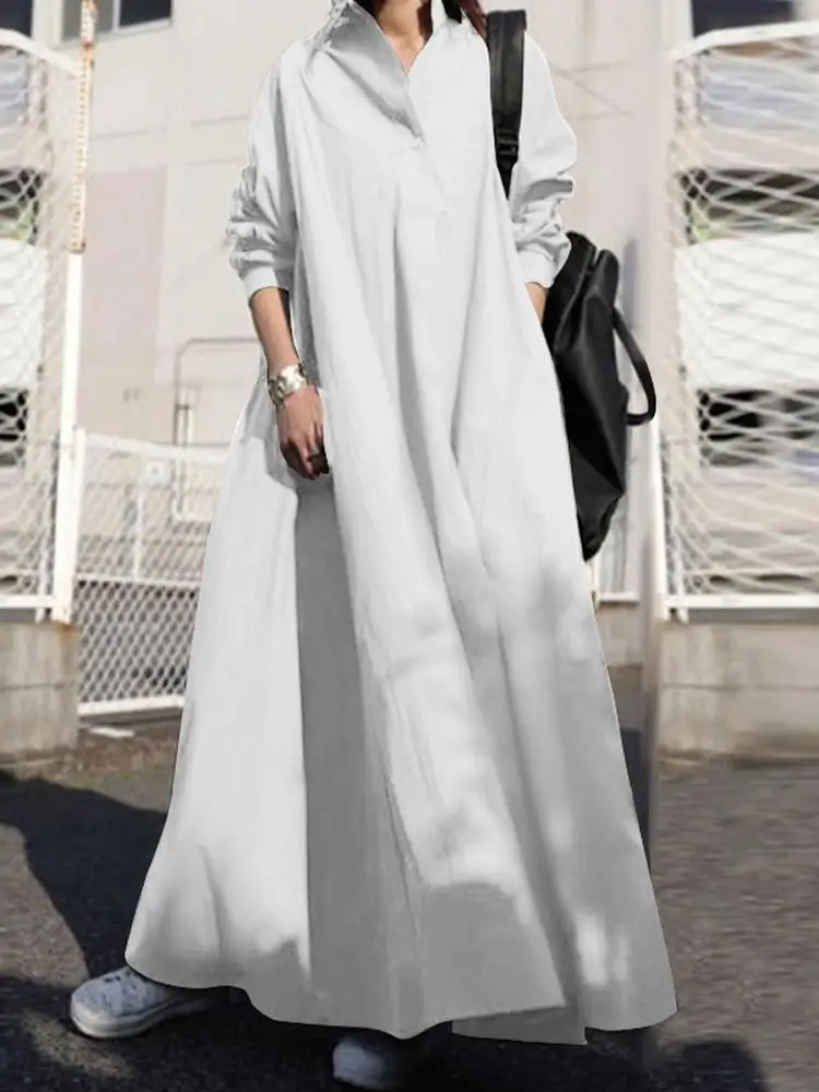 Luźna sukienka maxi oversize z długim rękawem i kołnierzykiem Biały