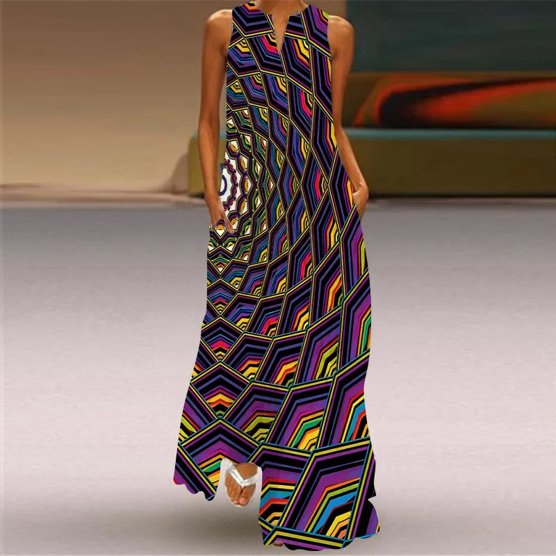 Luźna sukienka maxi vintage boho z kieszonkami bez rękawów Beżowy