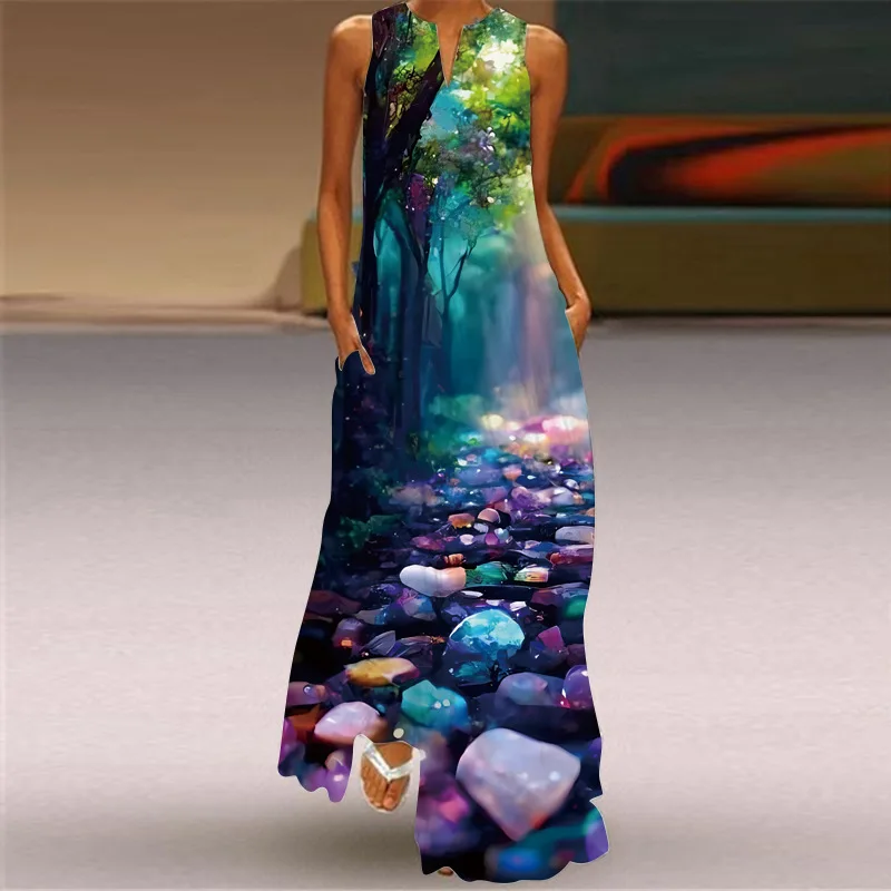 Luźna sukienka maxi vintage boho z kieszonkami bez rękawów Błękitny