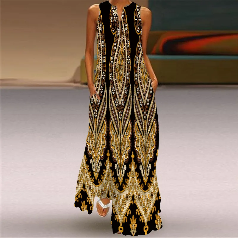Luźna sukienka maxi vintage boho z kieszonkami bez rękawów Brązowy