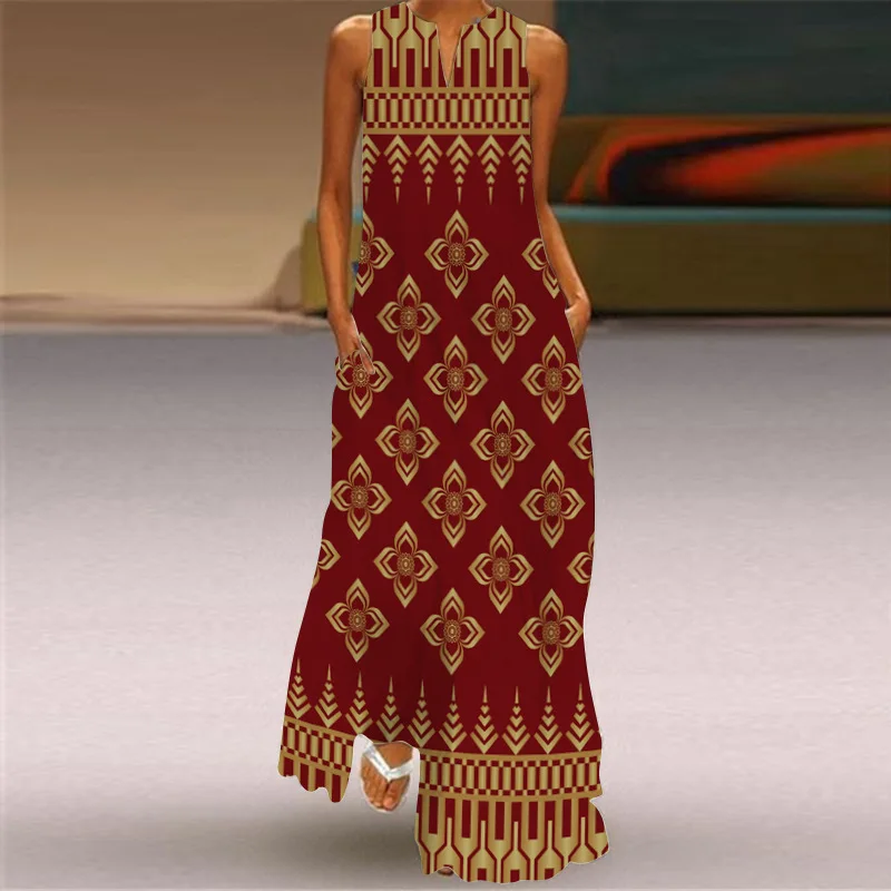 Luźna sukienka maxi vintage boho z kieszonkami bez rękawów Ciemnoszary