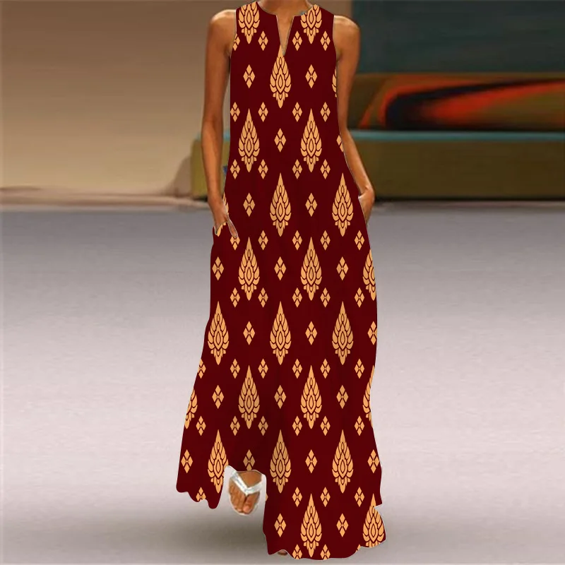 Luźna sukienka maxi vintage boho z kieszonkami bez rękawów Fioletowy