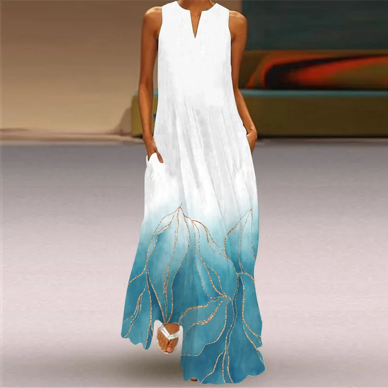 Luźna sukienka maxi vintage boho z kieszonkami bez rękawów Jasny żółty