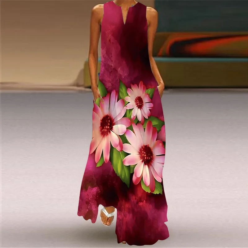 Luźna sukienka maxi vintage boho z kieszonkami bez rękawów Lawenda