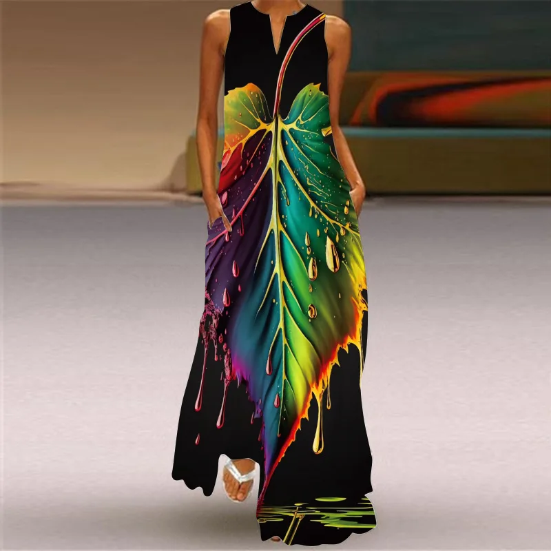 Luźna sukienka maxi vintage boho z kieszonkami bez rękawów Różowy
