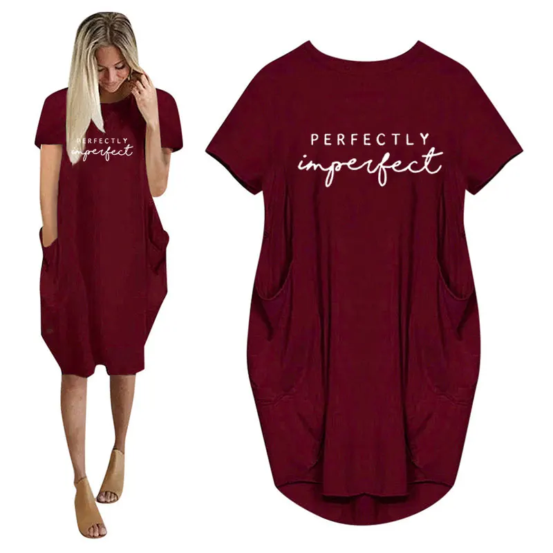 Luźna sukienka mini plus size z kieszeniami Burgundia