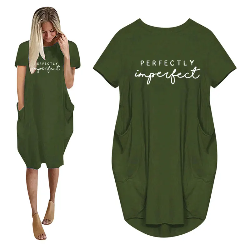 Luźna sukienka mini plus size z kieszeniami Zielony