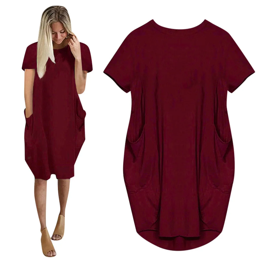 Luźna sukienka plus size z krótkim rękawem Burgundia