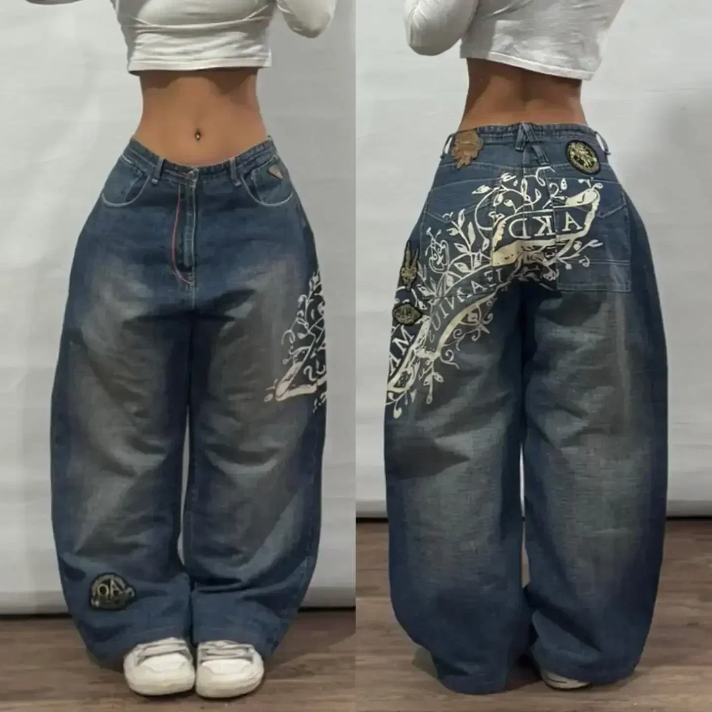 Luźne jeansy z szeroką nogawką w stylu Y2K Kremowo biały