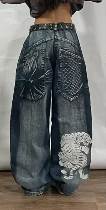 Luźne jeansy w stylu Y2K gothic streetwear Szary