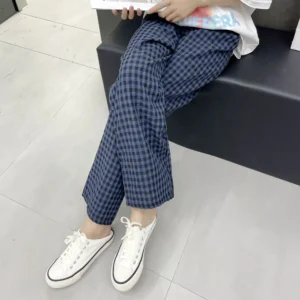 Luźne spodnie damskie w kratę koreański styl streetwear Niebieski