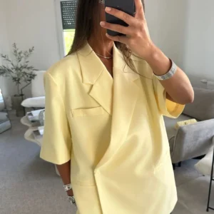 Luźny blezer damski z rękawem 3/4 streetwear kolorowy Beżowy