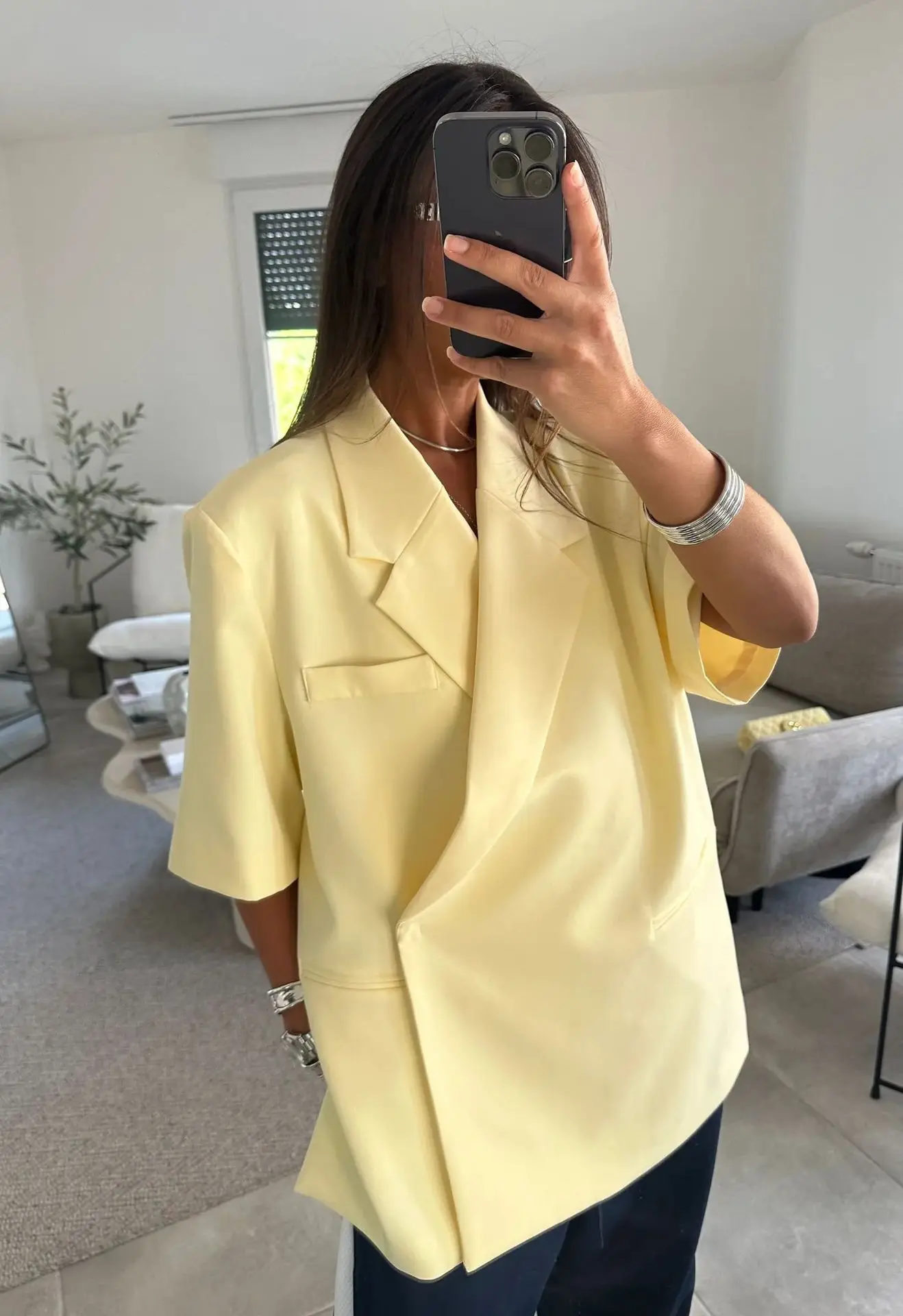 Luźny blezer damski z rękawem 3/4 streetwear kolorowy Beżowy