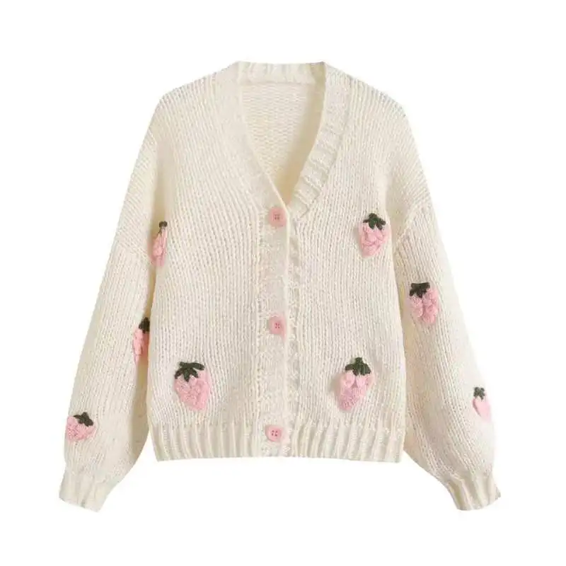 Luźny kardigan damski z motywem truskawki w stylu preppy Różowy