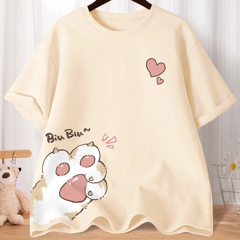 Luźny t-shirt z nadrukiem uroczego kotka Morelowy