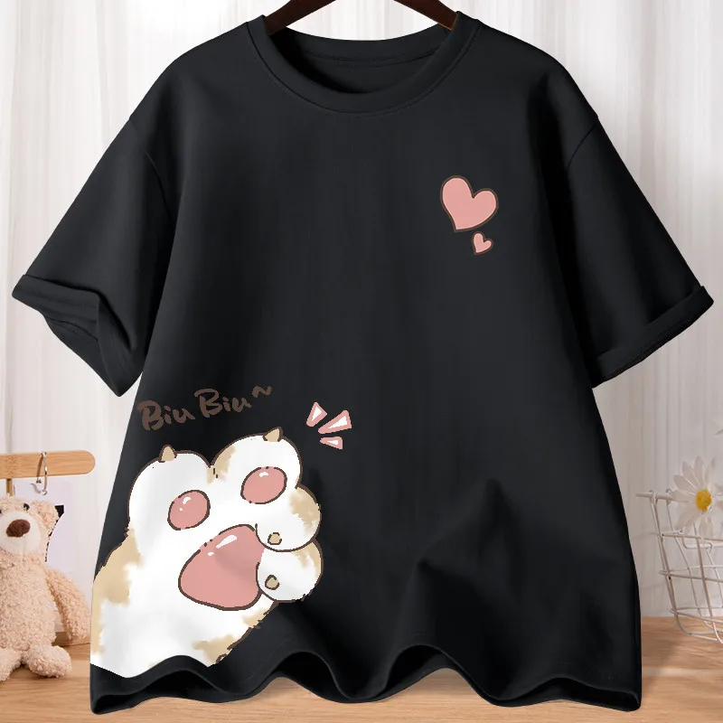 Luźny t-shirt z nadrukiem uroczego kotka Czarny