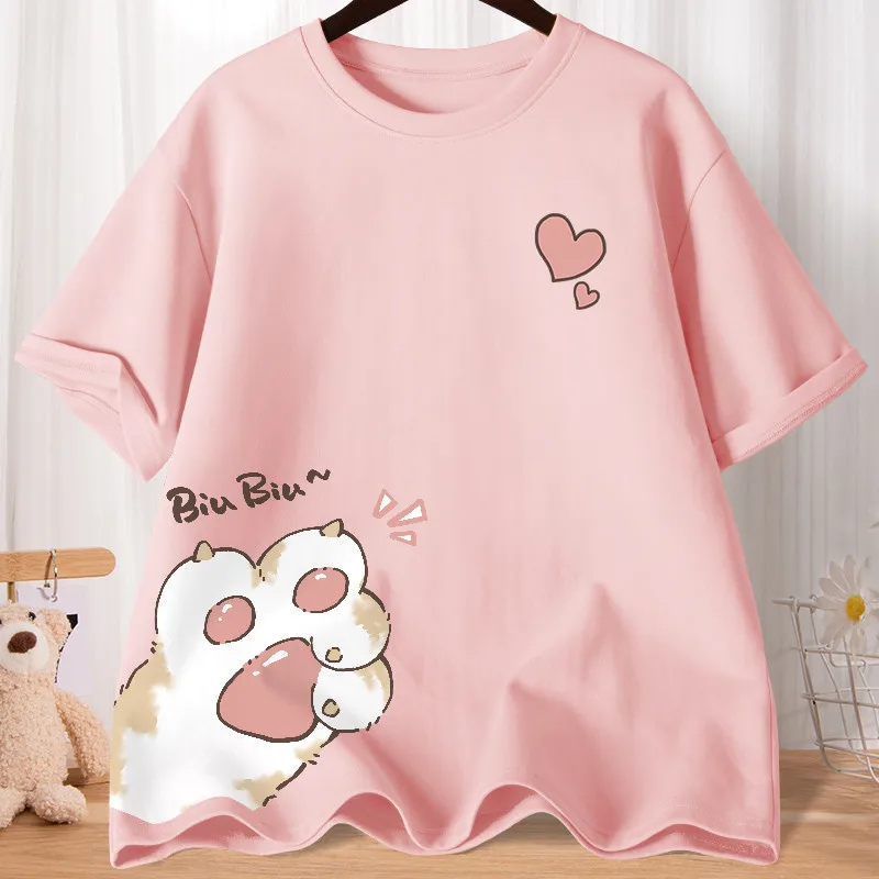 Luźny t-shirt z nadrukiem uroczego kotka Różowy