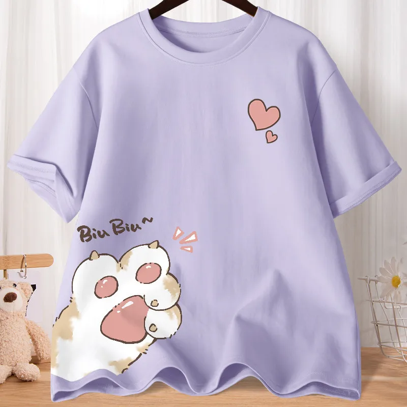 Luźny t-shirt z nadrukiem uroczego kotka Fioletowy