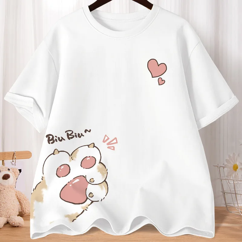 Luźny t-shirt z nadrukiem uroczego kotka Biały