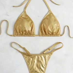 Metaliczne bikini mini stringi efekt mokrej skóry Złoto