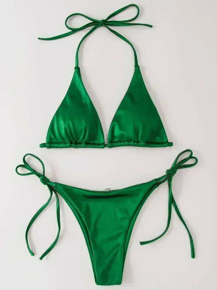 Metaliczne satynowe bikini halter z wysokim krojem — brazylijskie Ciemnozielony