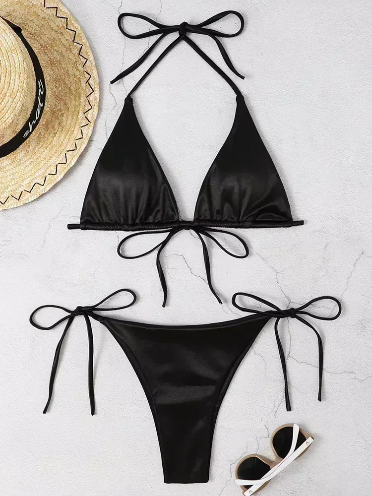 Metaliczne satynowe bikini halter z wysokim krojem — brazylijskie Czarny