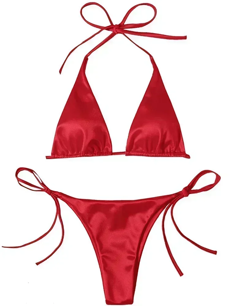Metaliczne satynowe bikini halter z wysokim krojem — brazylijskie Czerwony