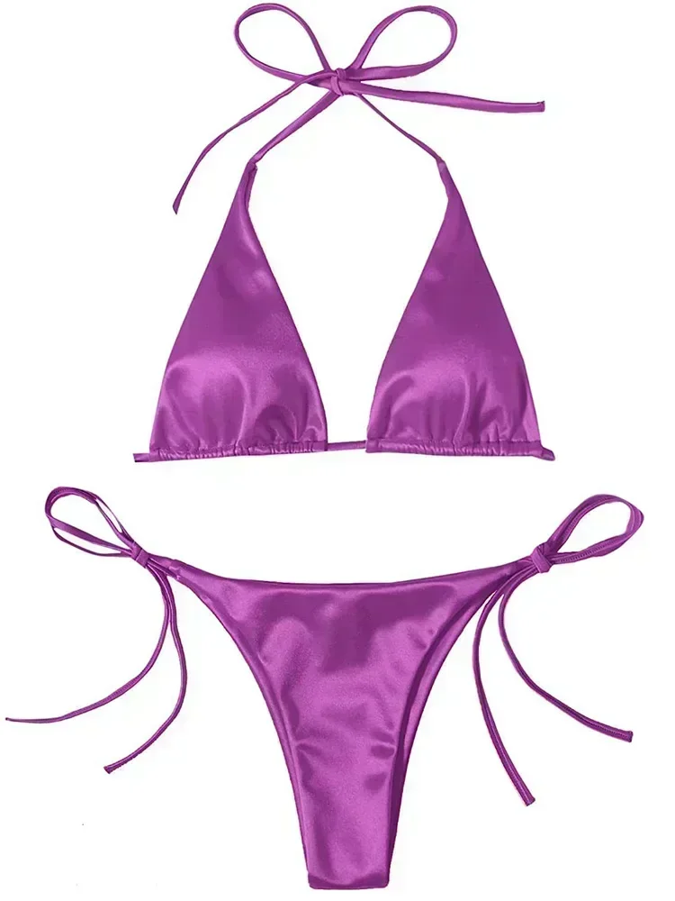Metaliczne satynowe bikini halter z wysokim krojem — brazylijskie Fioletowy