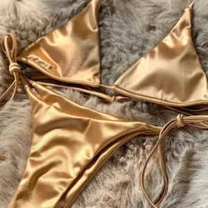 Metaliczne satynowe bikini halter z wysokim krojem — brazylijskie Khaki