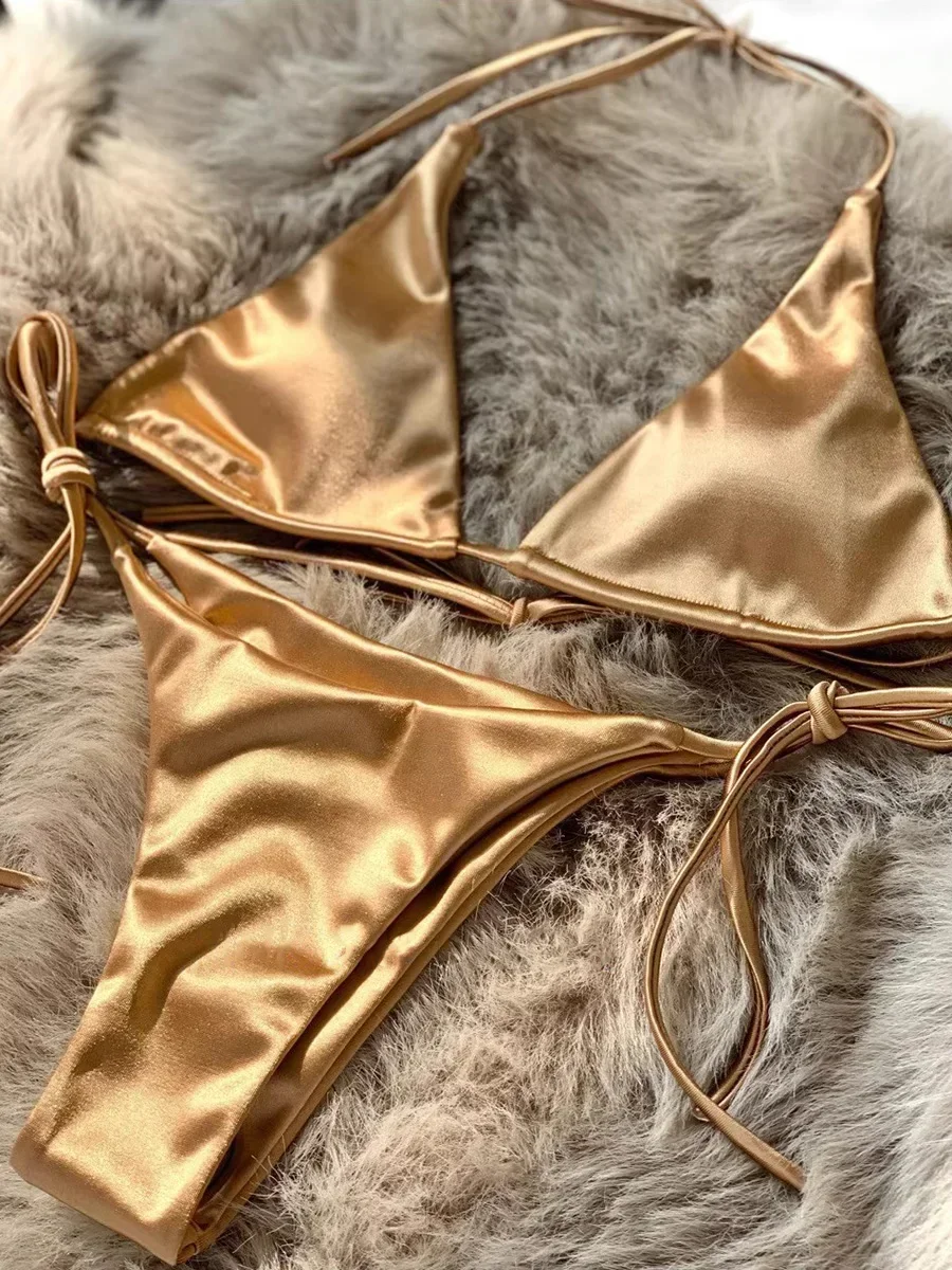 Metaliczne satynowe bikini halter z wysokim krojem — brazylijskie Khaki