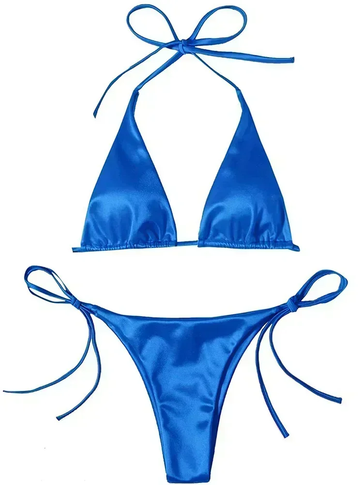 Metaliczne satynowe bikini halter z wysokim krojem — brazylijskie Niebieski