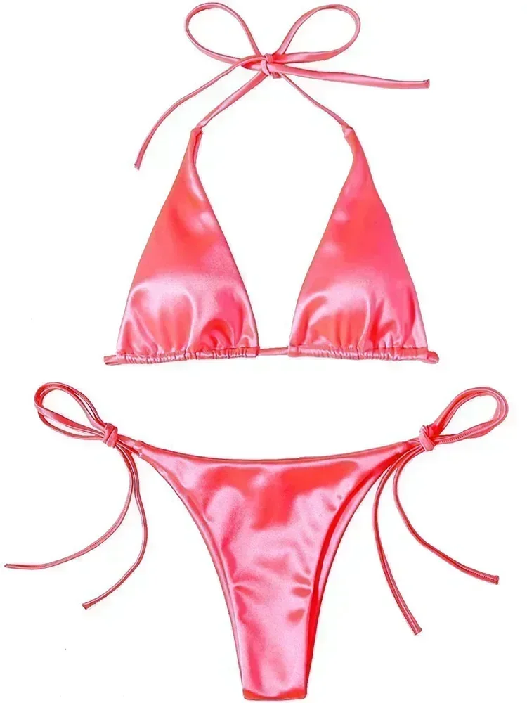 Metaliczne satynowe bikini halter z wysokim krojem — brazylijskie Różowy