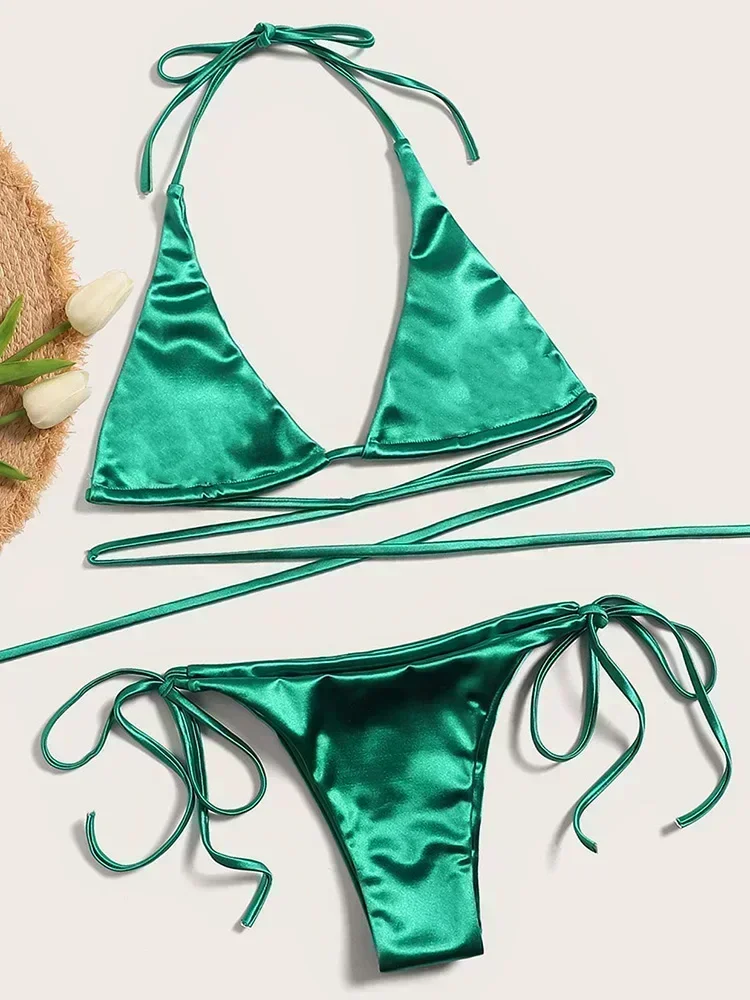 Metaliczne satynowe bikini halter z wysokim krojem — brazylijskie Zielony