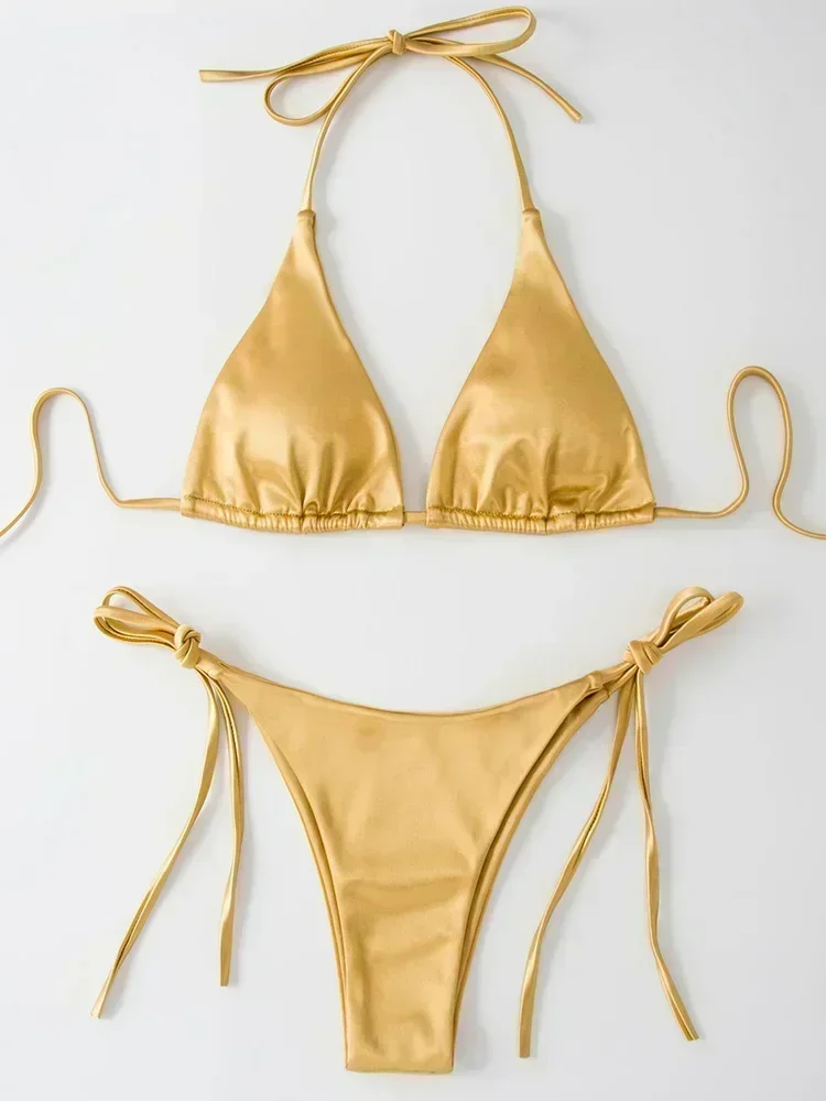 Metaliczne satynowe bikini halter z wysokim krojem — brazylijskie Złoto