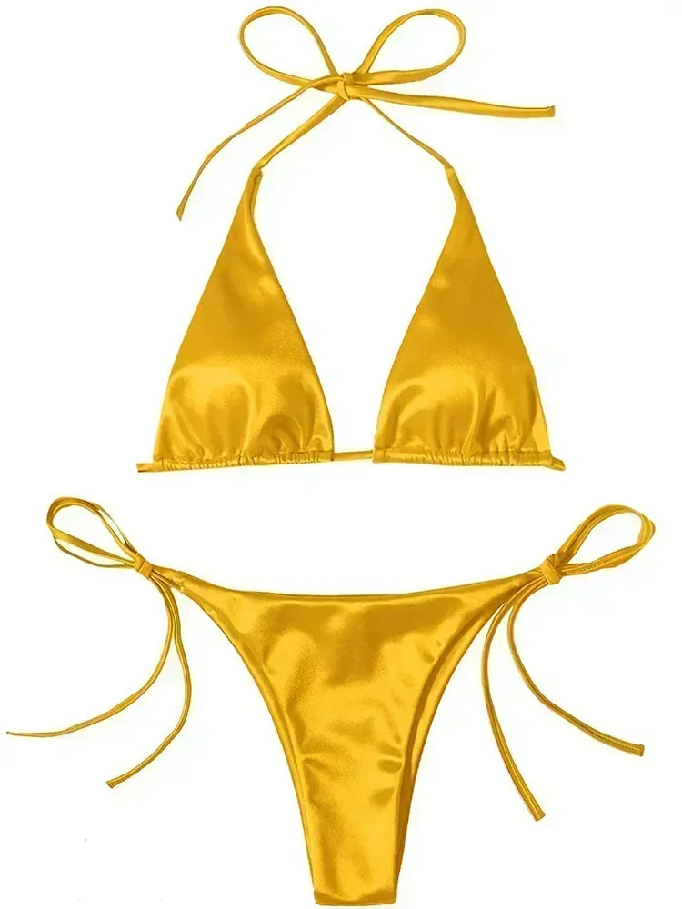 Metaliczne satynowe bikini halter z wysokim krojem — brazylijskie żółty