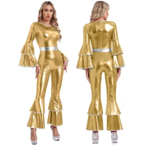 Metaliczny kombinezon damski disco z rozkloszowanymi nogawkami Zielony