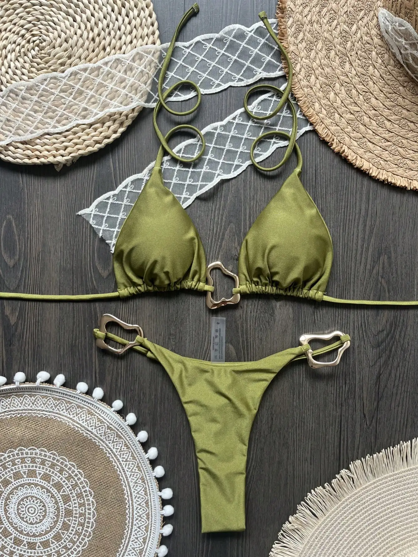 Micro bikini halter stringi brazylijski — damski strój plażowy Beżowy