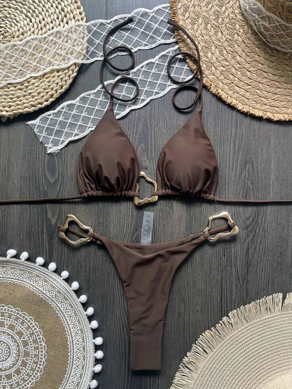 Micro bikini halter stringi brazylijski — damski strój plażowy Czarny