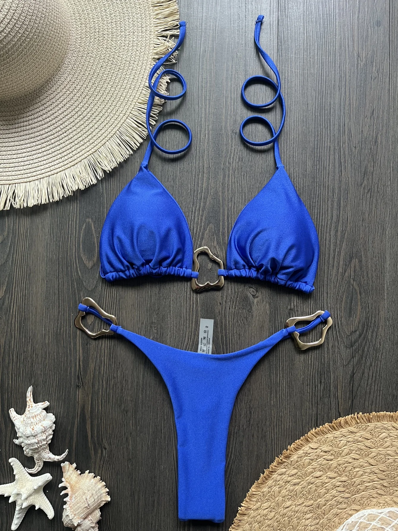 Micro bikini halter stringi brazylijski — damski strój plażowy Niebieski